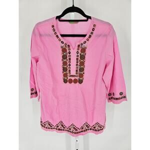 Last Woman Womens Sz L 3/4 Sleeve Tunic Top Bright Pink Embroidered Neckline
